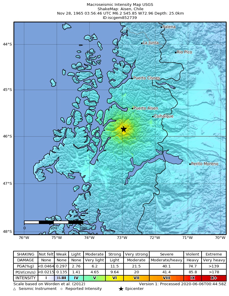 USGS ShakeMap: estimated shaking intensity around the epicenter