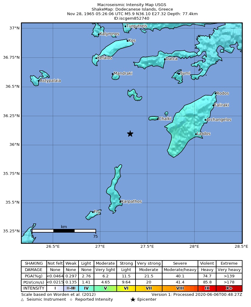 USGS ShakeMap: estimated shaking intensity around the epicenter