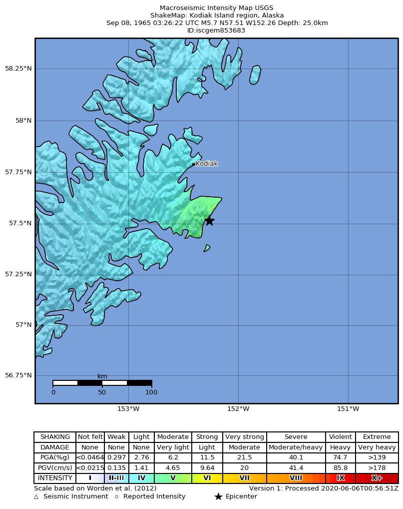 USGS ShakeMap: estimated shaking intensity around the epicenter