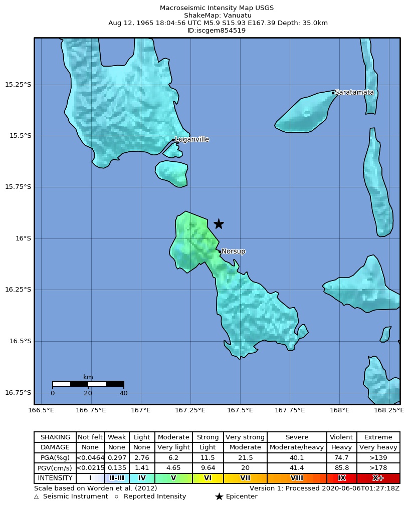 USGS ShakeMap: estimated shaking intensity around the epicenter