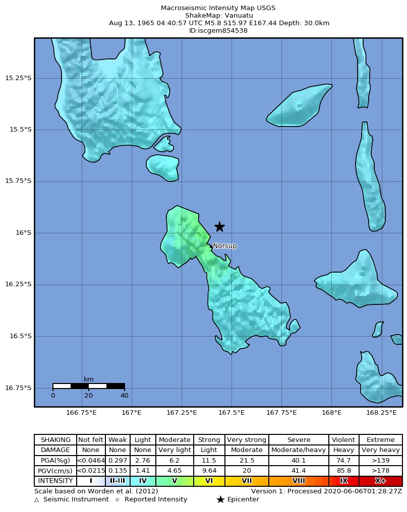 USGS ShakeMap: estimated shaking intensity around the epicenter
