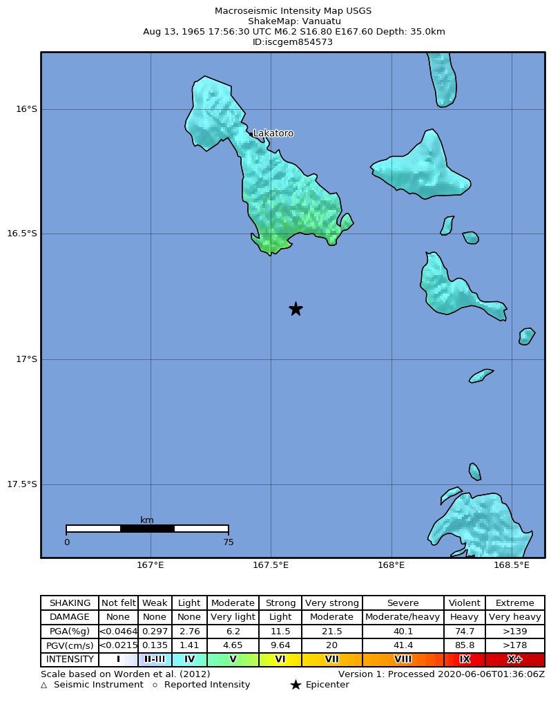 USGS ShakeMap: estimated shaking intensity around the epicenter