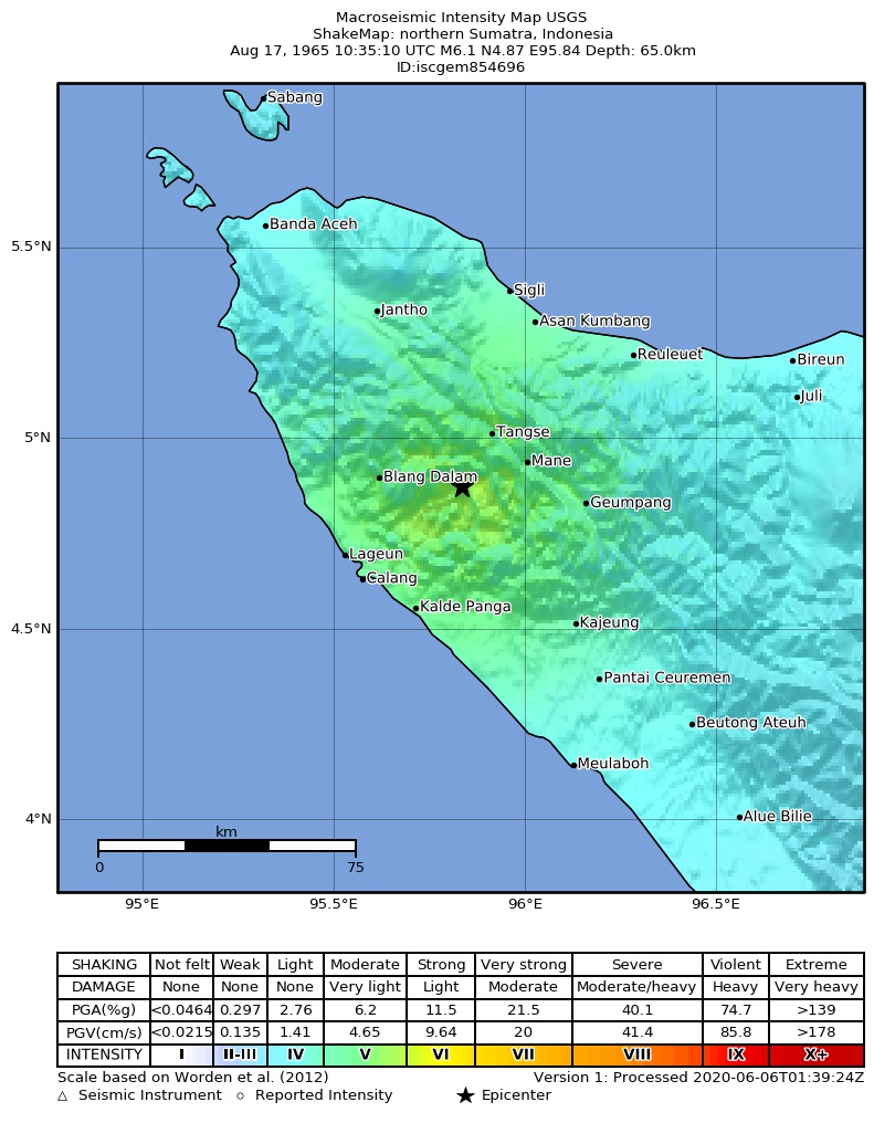 USGS ShakeMap: estimated shaking intensity around the epicenter