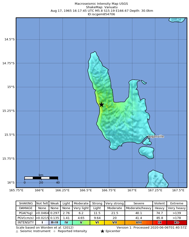 USGS ShakeMap: estimated shaking intensity around the epicenter