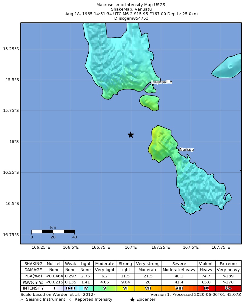 USGS ShakeMap: estimated shaking intensity around the epicenter
