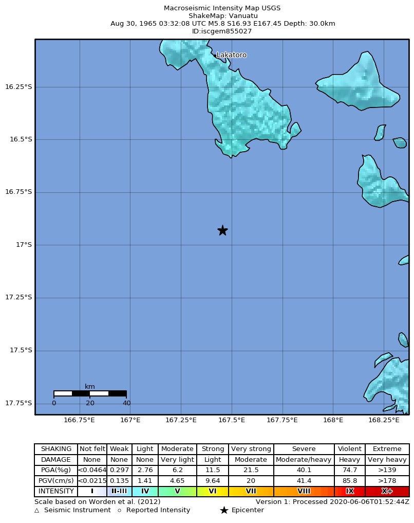USGS ShakeMap: estimated shaking intensity around the epicenter