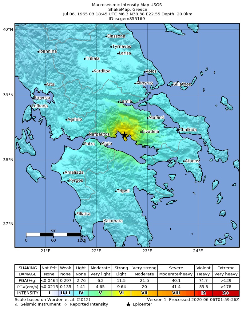 USGS ShakeMap: estimated shaking intensity around the epicenter