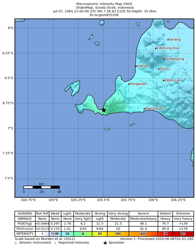 USGS ShakeMap: estimated shaking intensity around the epicenter