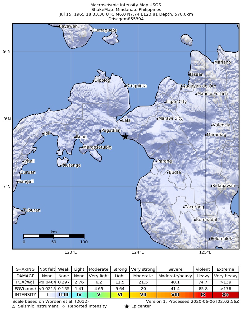 USGS ShakeMap: estimated shaking intensity around the epicenter