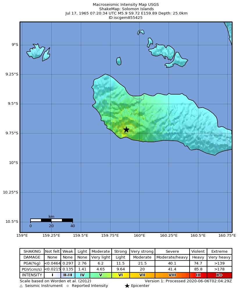 USGS ShakeMap: estimated shaking intensity around the epicenter