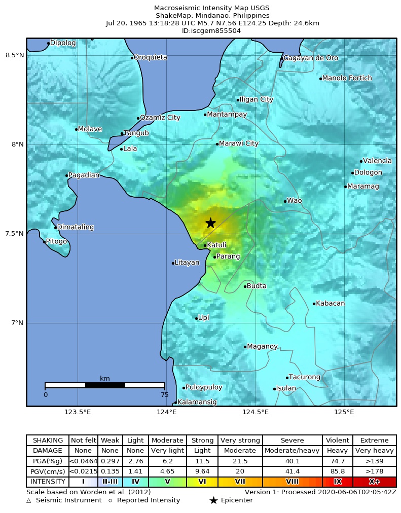 USGS ShakeMap: estimated shaking intensity around the epicenter