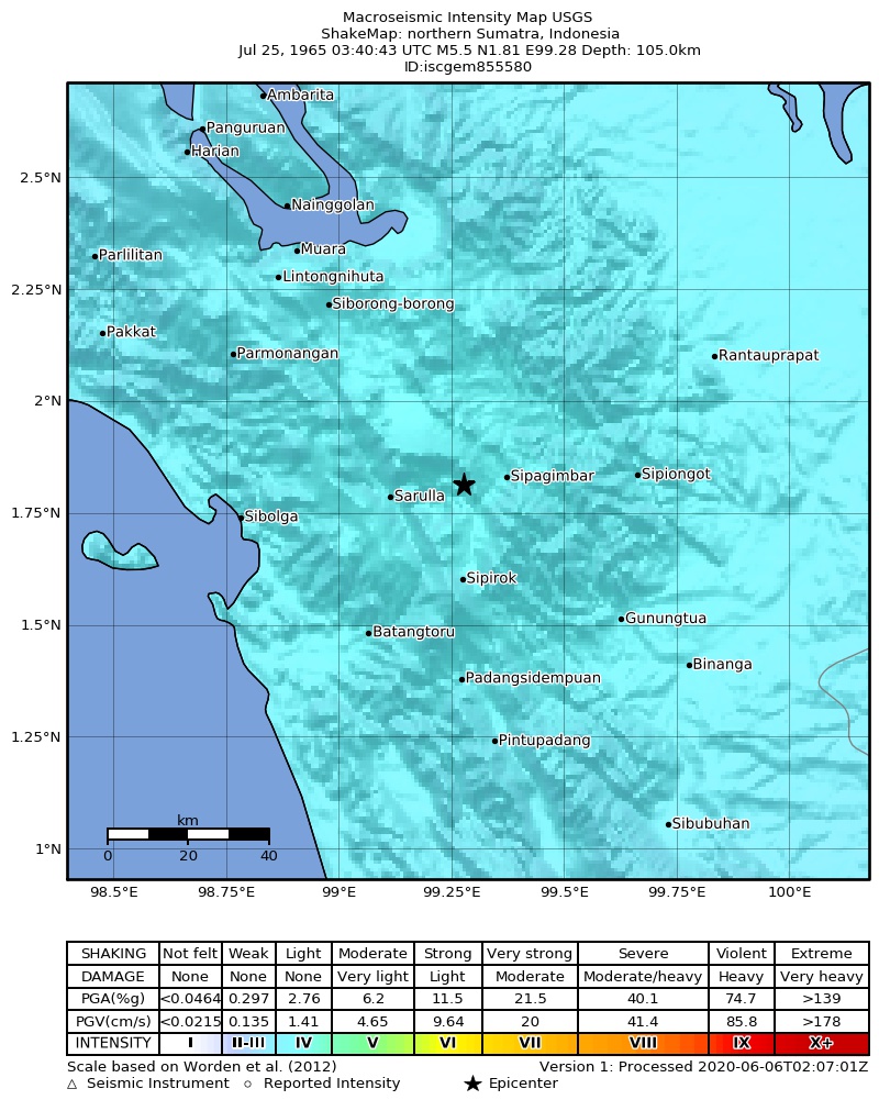 USGS ShakeMap: estimated shaking intensity around the epicenter