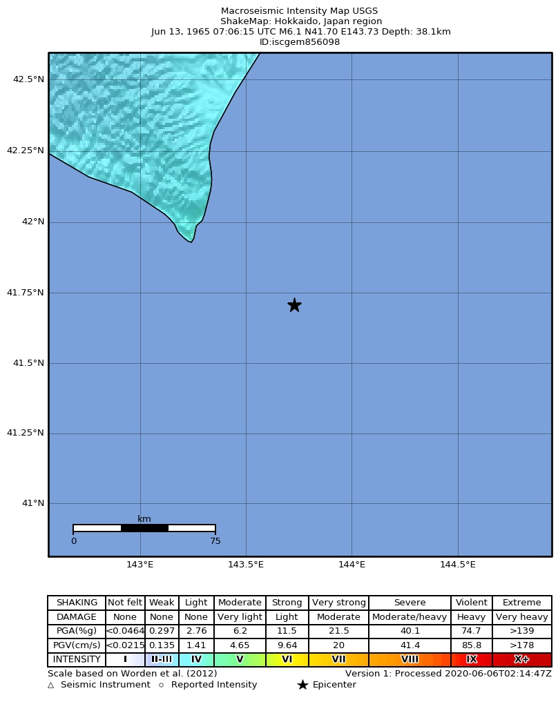 USGS ShakeMap: estimated shaking intensity around the epicenter