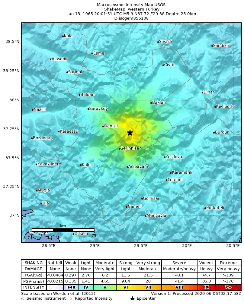 USGS ShakeMap: estimated shaking intensity around the epicenter