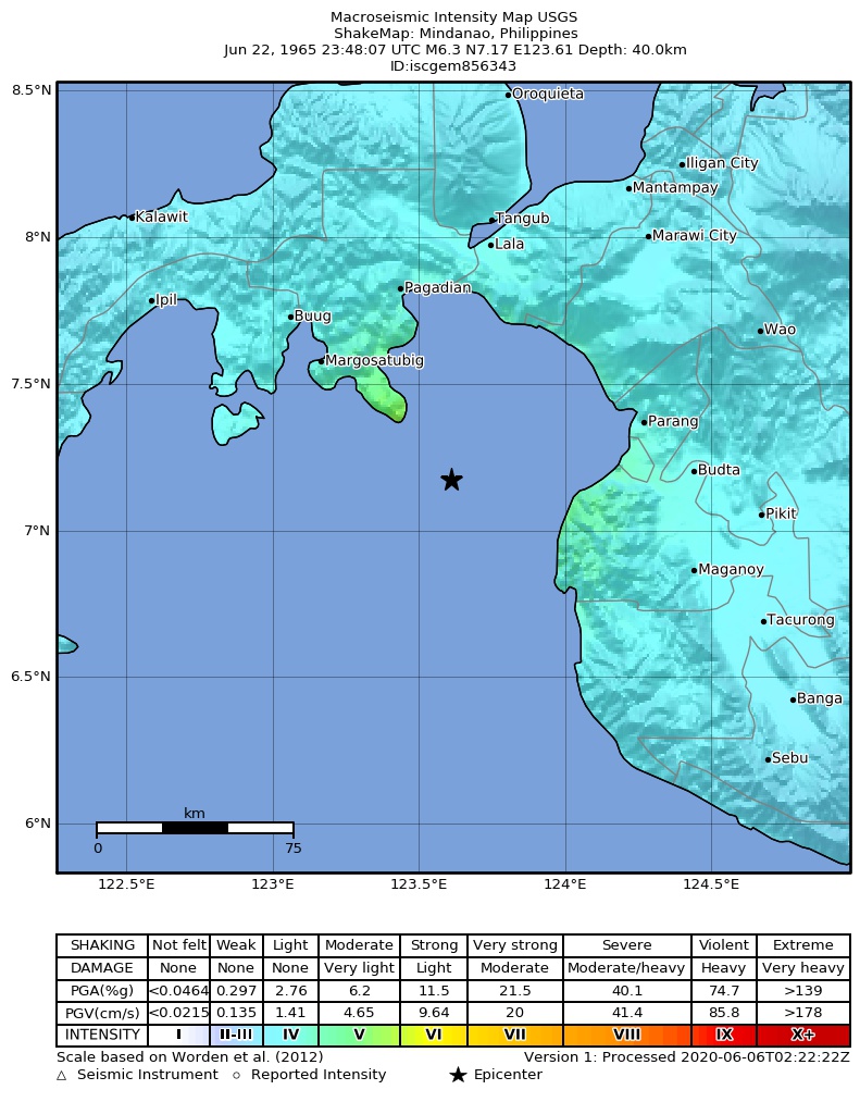 USGS ShakeMap: estimated shaking intensity around the epicenter