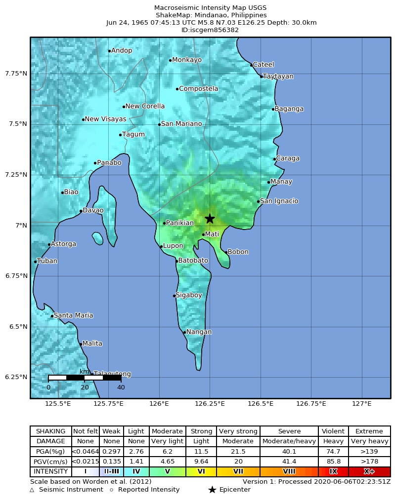 USGS ShakeMap: estimated shaking intensity around the epicenter