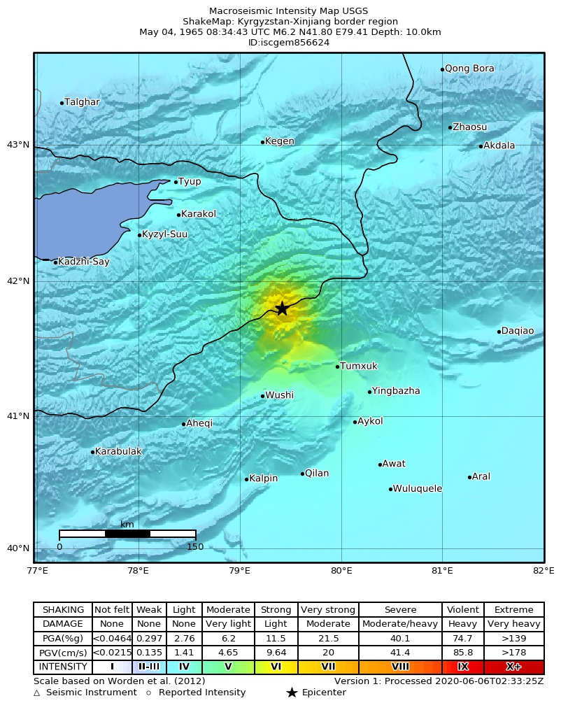 USGS ShakeMap: estimated shaking intensity around the epicenter