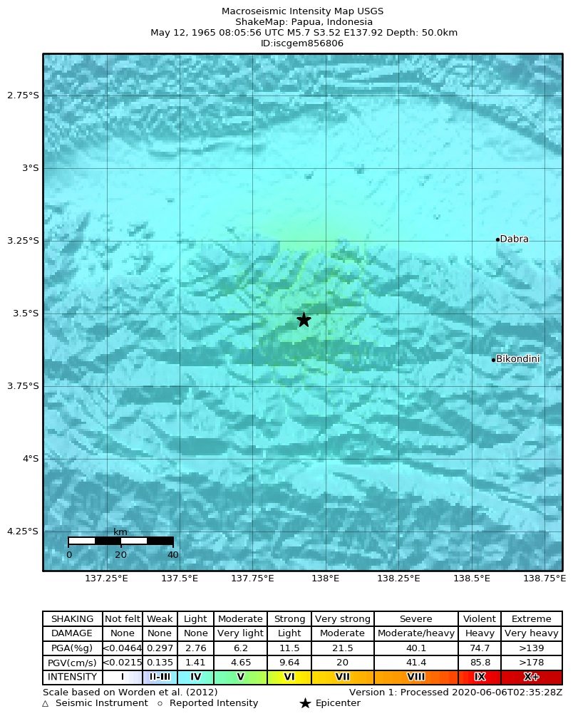 USGS ShakeMap: estimated shaking intensity around the epicenter