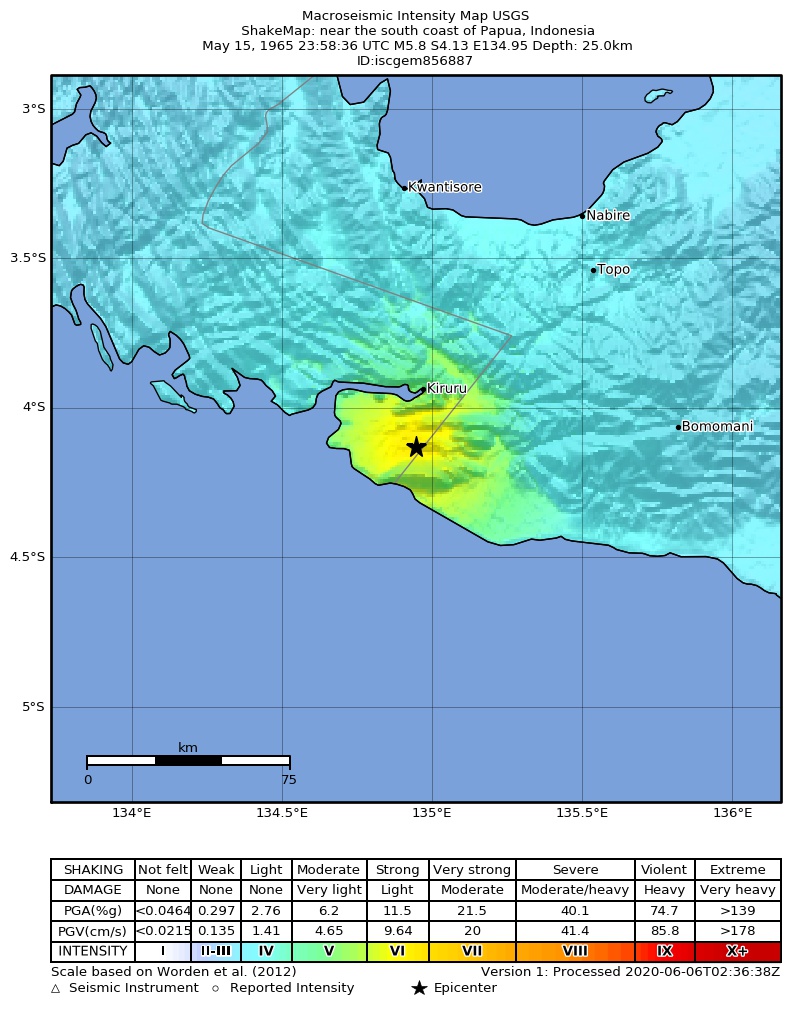 USGS ShakeMap: estimated shaking intensity around the epicenter