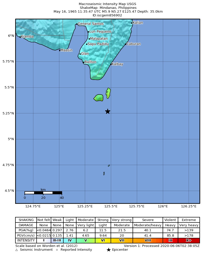 USGS ShakeMap: estimated shaking intensity around the epicenter