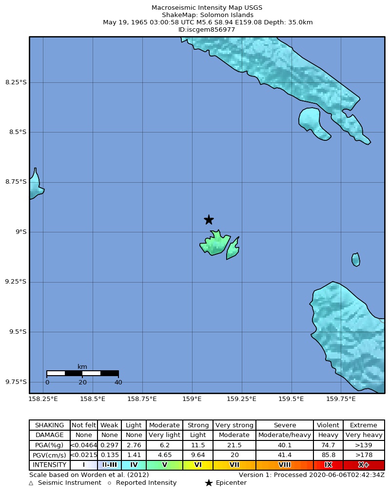 USGS ShakeMap: estimated shaking intensity around the epicenter