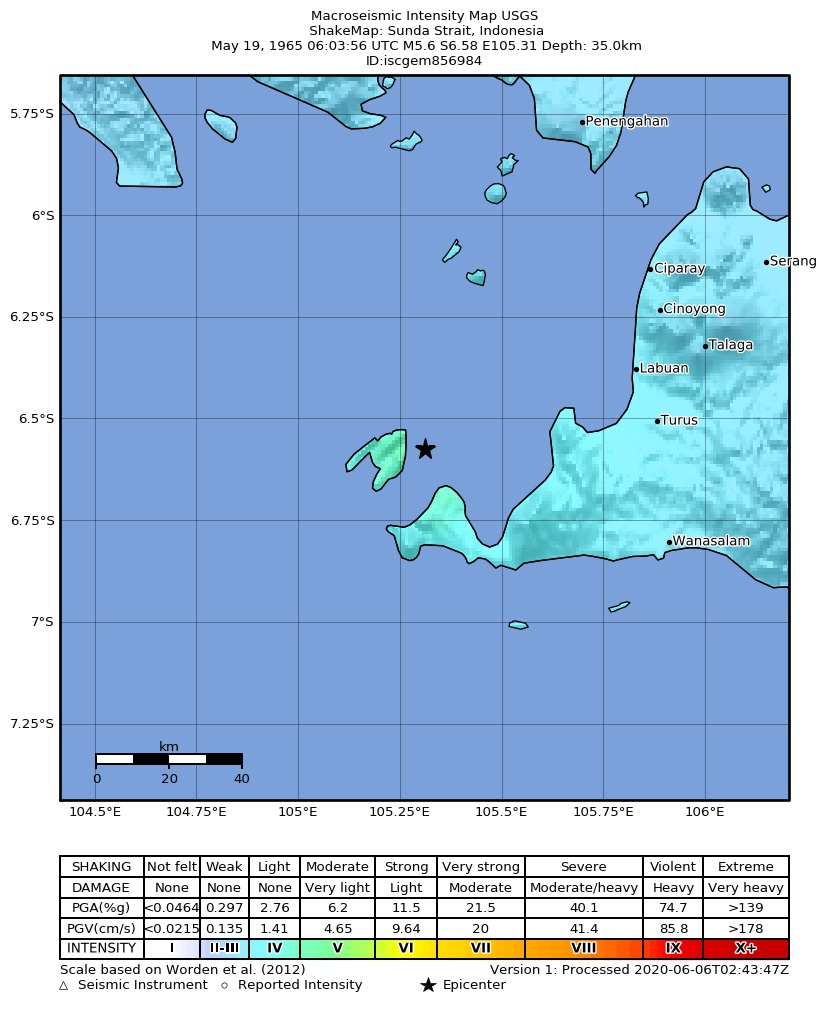 USGS ShakeMap: estimated shaking intensity around the epicenter