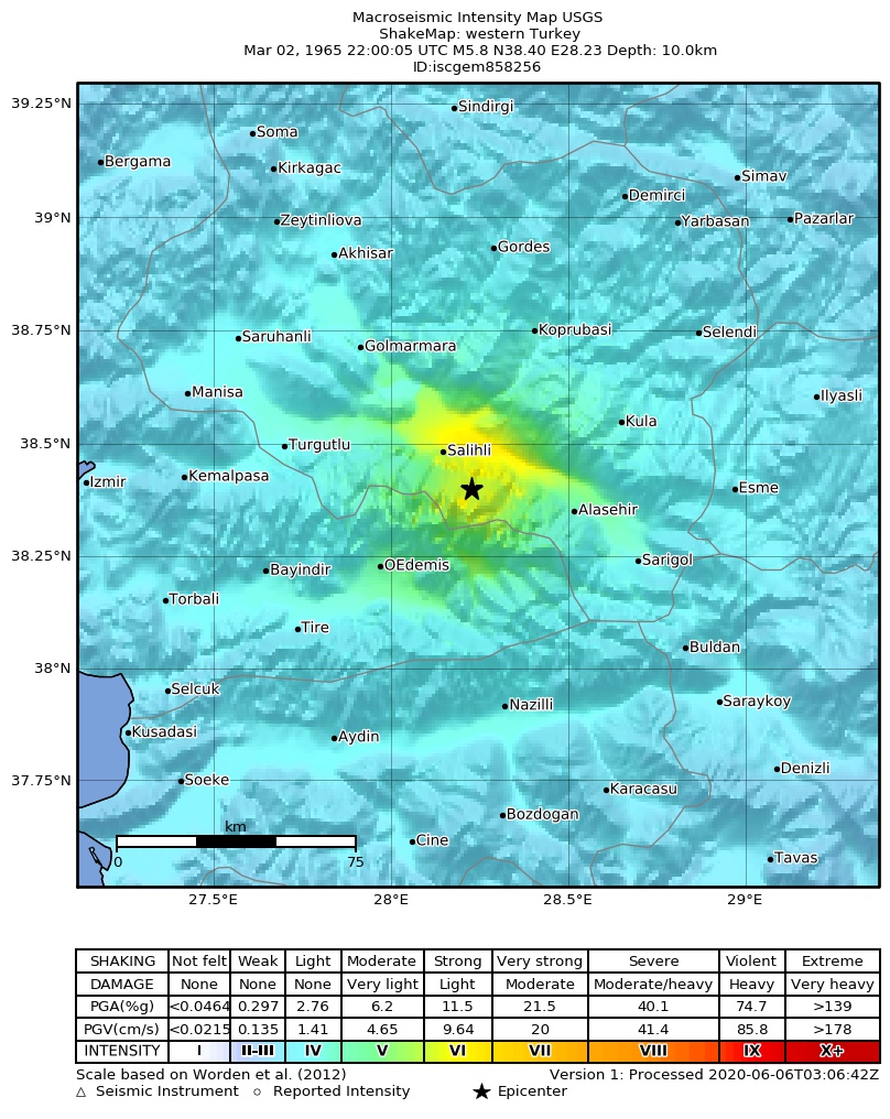 USGS ShakeMap: estimated shaking intensity around the epicenter
