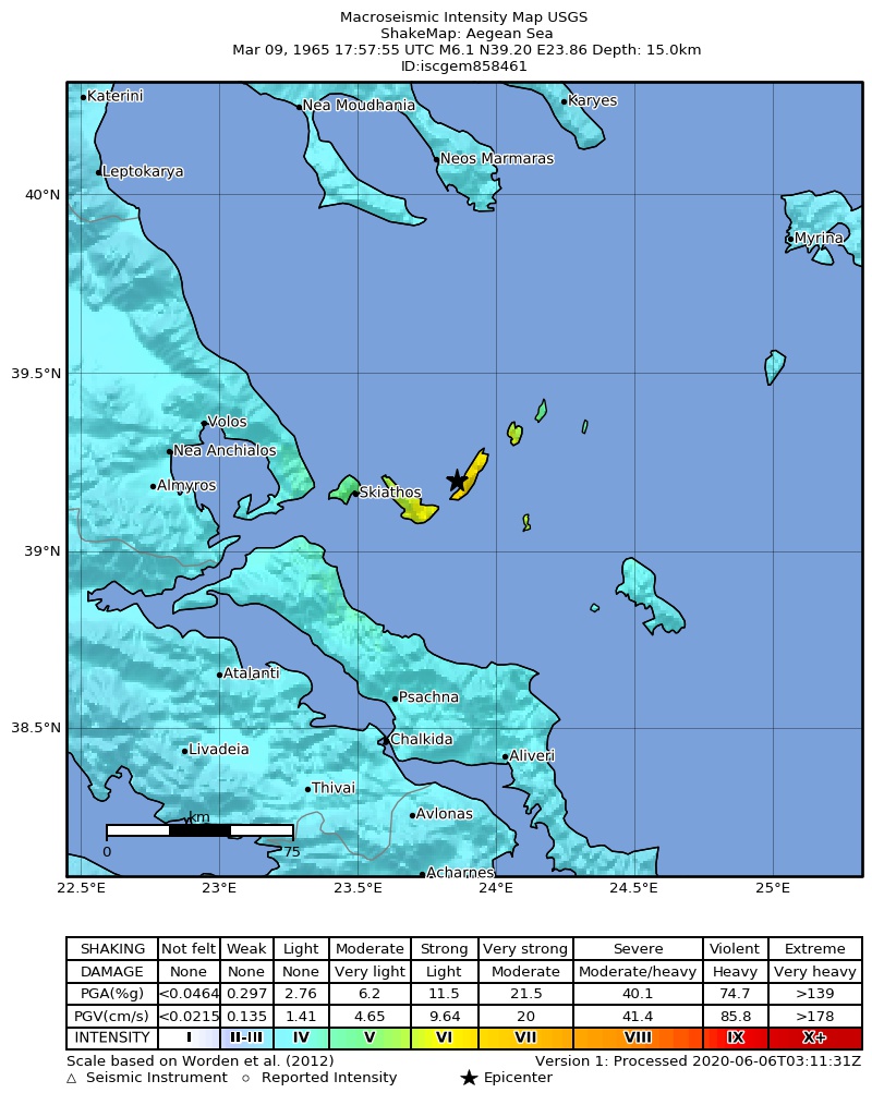 USGS ShakeMap: estimated shaking intensity around the epicenter