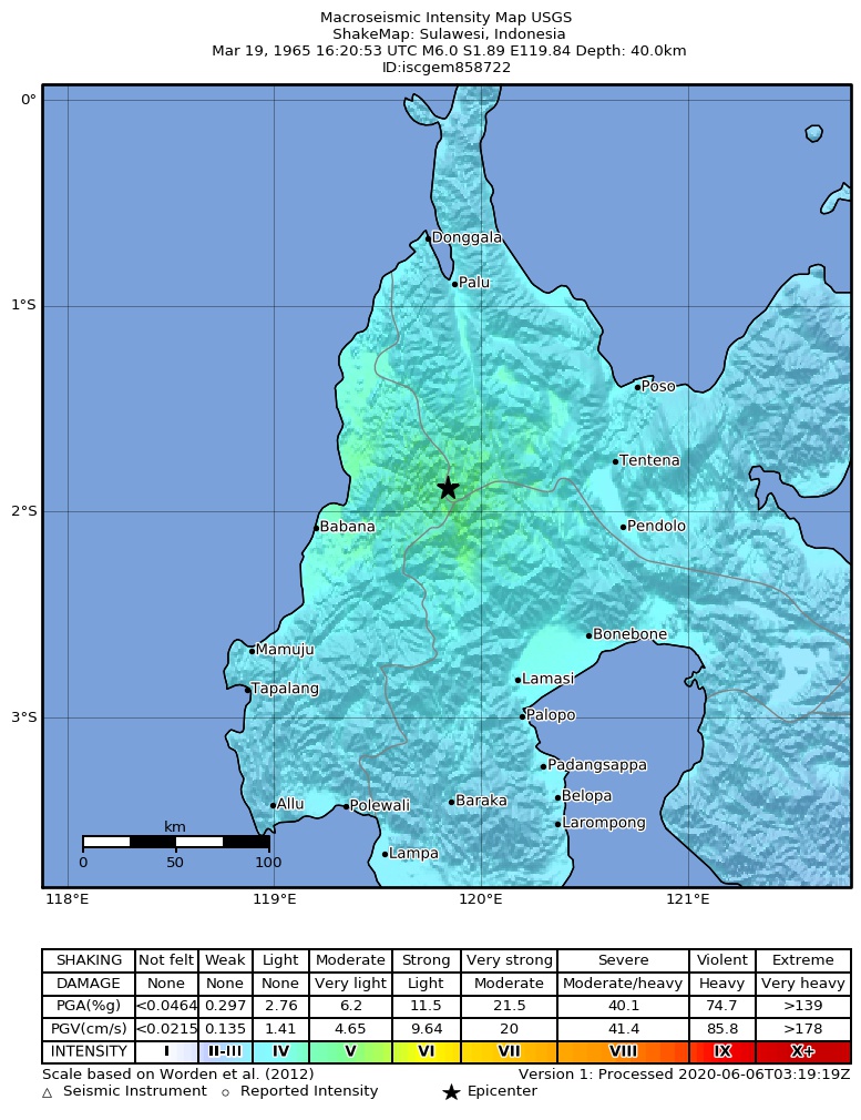 USGS ShakeMap: estimated shaking intensity around the epicenter