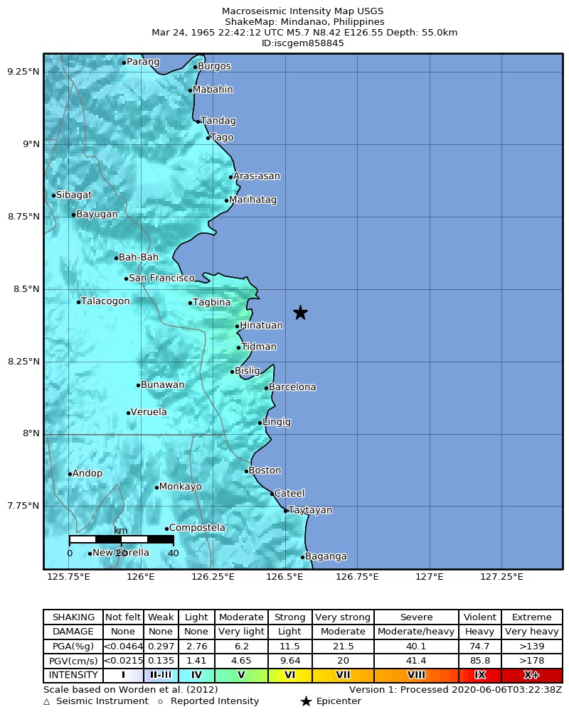 USGS ShakeMap: estimated shaking intensity around the epicenter