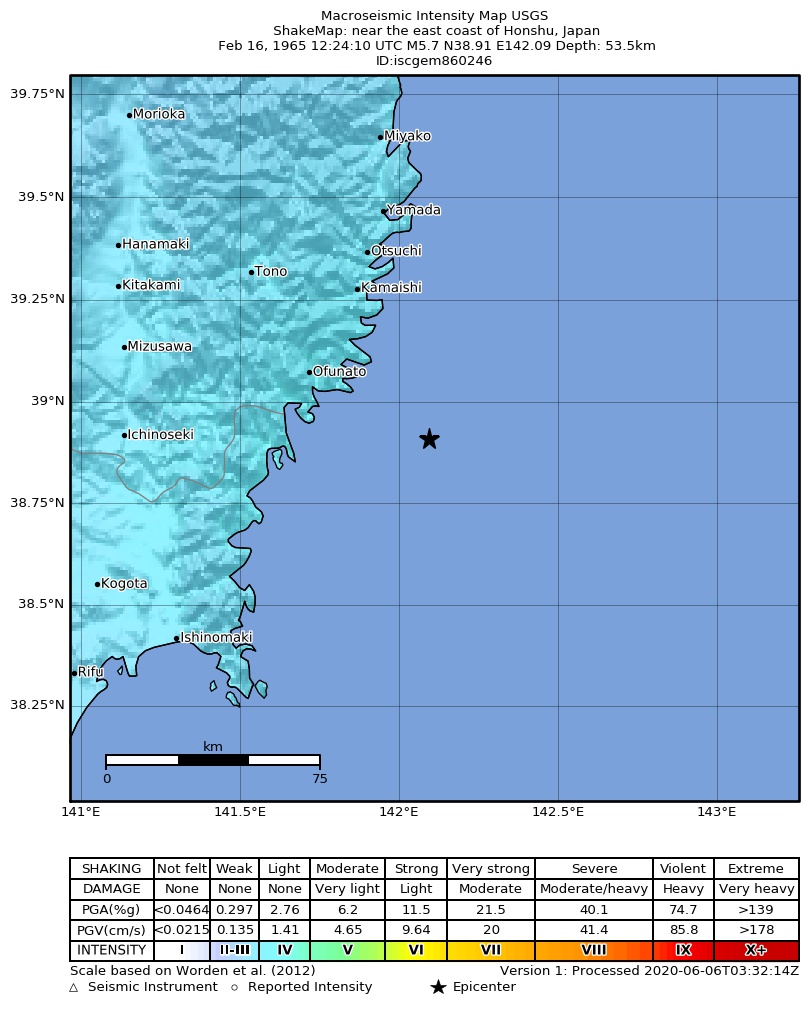 USGS ShakeMap: estimated shaking intensity around the epicenter