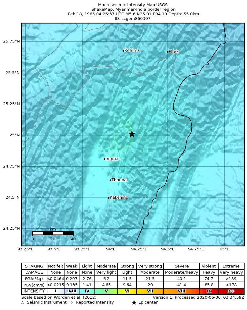 USGS ShakeMap: estimated shaking intensity around the epicenter