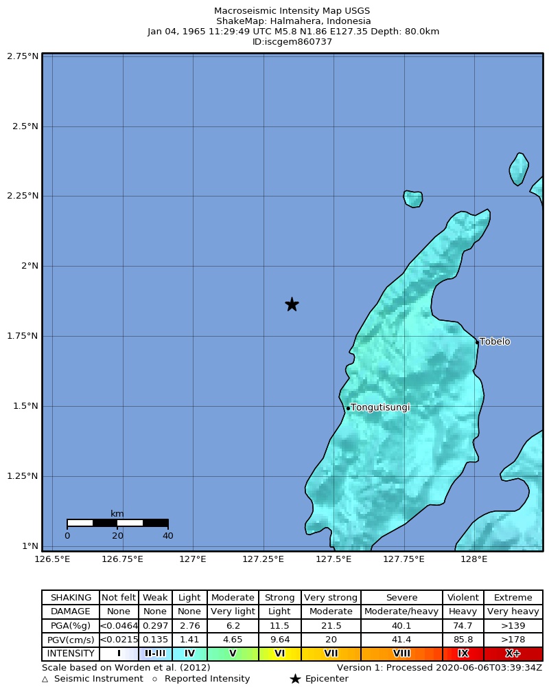 USGS ShakeMap: estimated shaking intensity around the epicenter