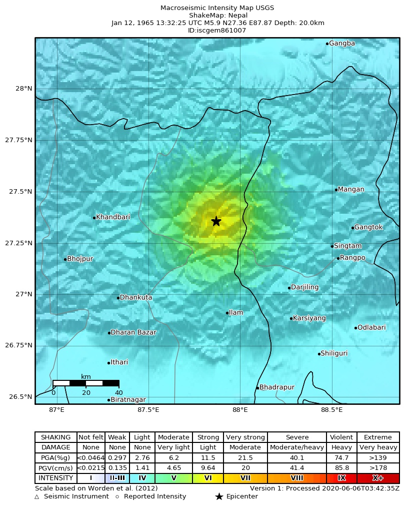 USGS ShakeMap: estimated shaking intensity around the epicenter