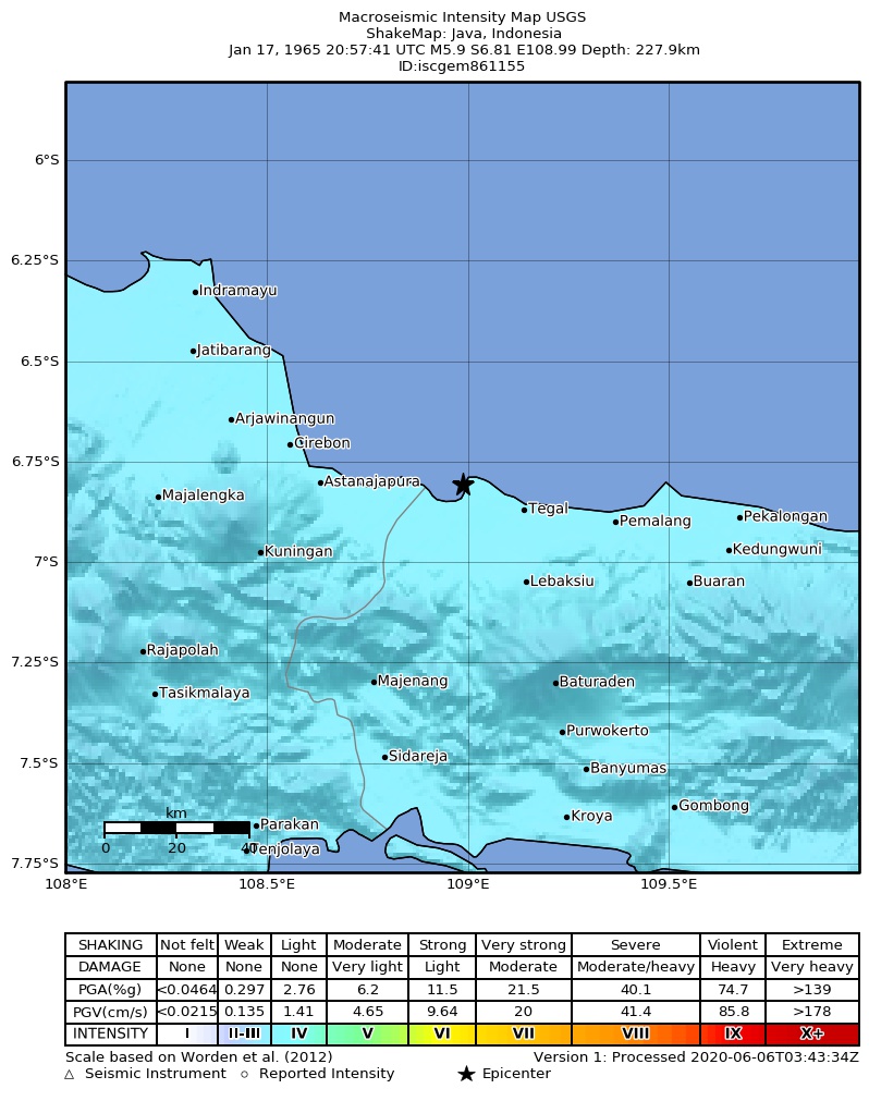 USGS ShakeMap: estimated shaking intensity around the epicenter