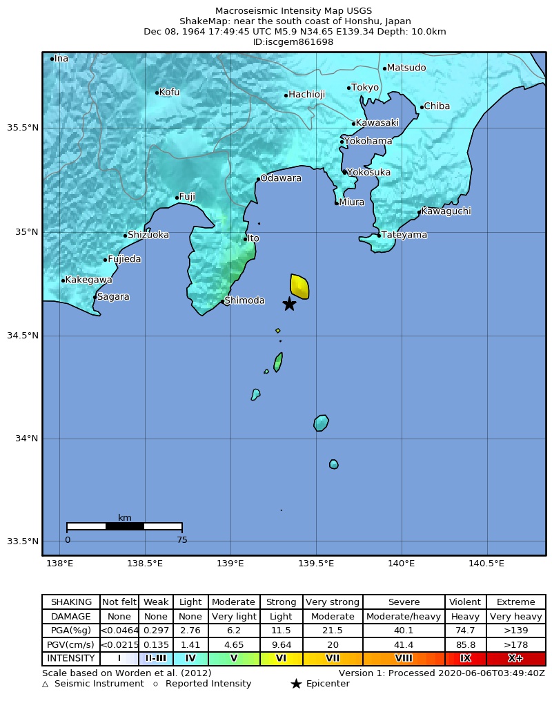 USGS ShakeMap: estimated shaking intensity around the epicenter