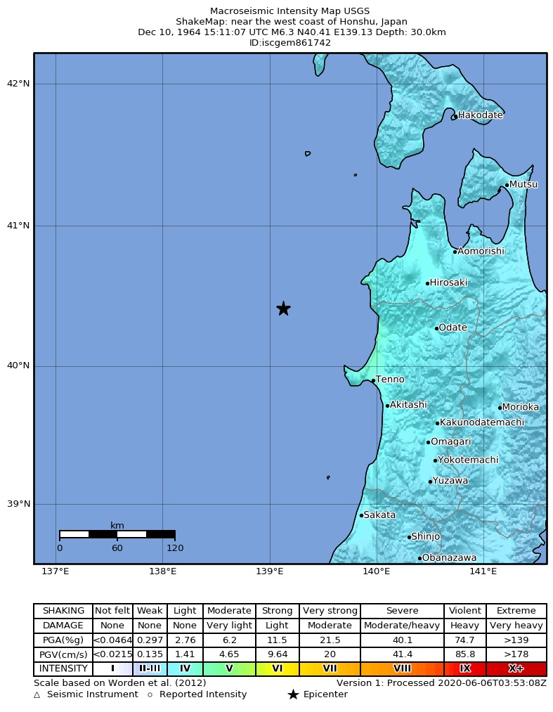 USGS ShakeMap: estimated shaking intensity around the epicenter