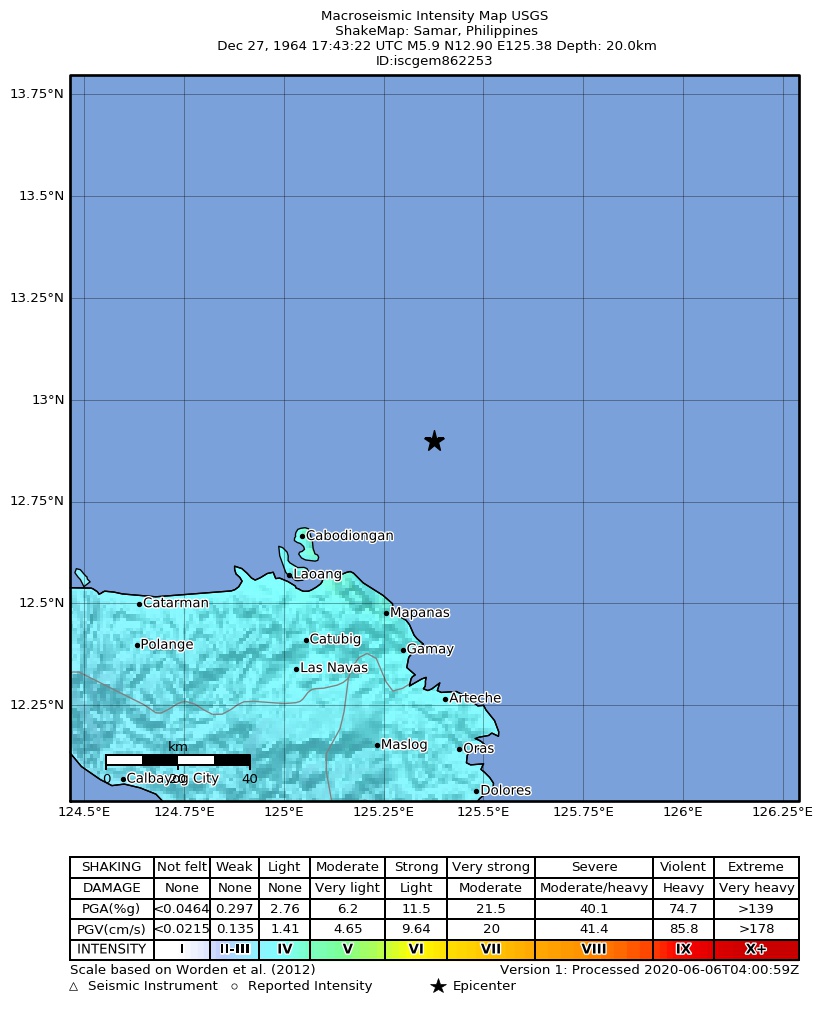 USGS ShakeMap: estimated shaking intensity around the epicenter