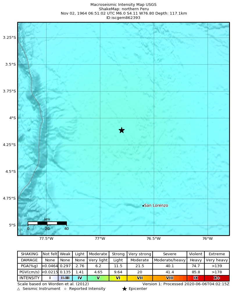 USGS ShakeMap: estimated shaking intensity around the epicenter