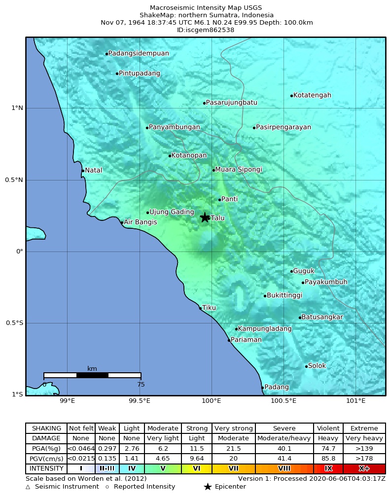USGS ShakeMap: estimated shaking intensity around the epicenter