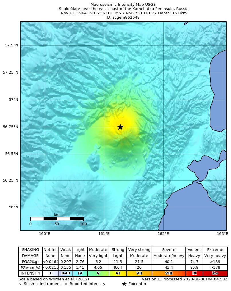 USGS ShakeMap: estimated shaking intensity around the epicenter