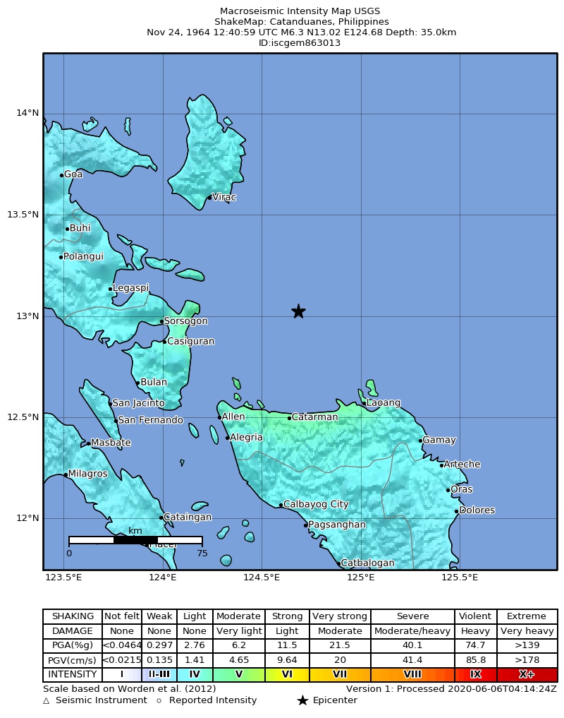USGS ShakeMap: estimated shaking intensity around the epicenter