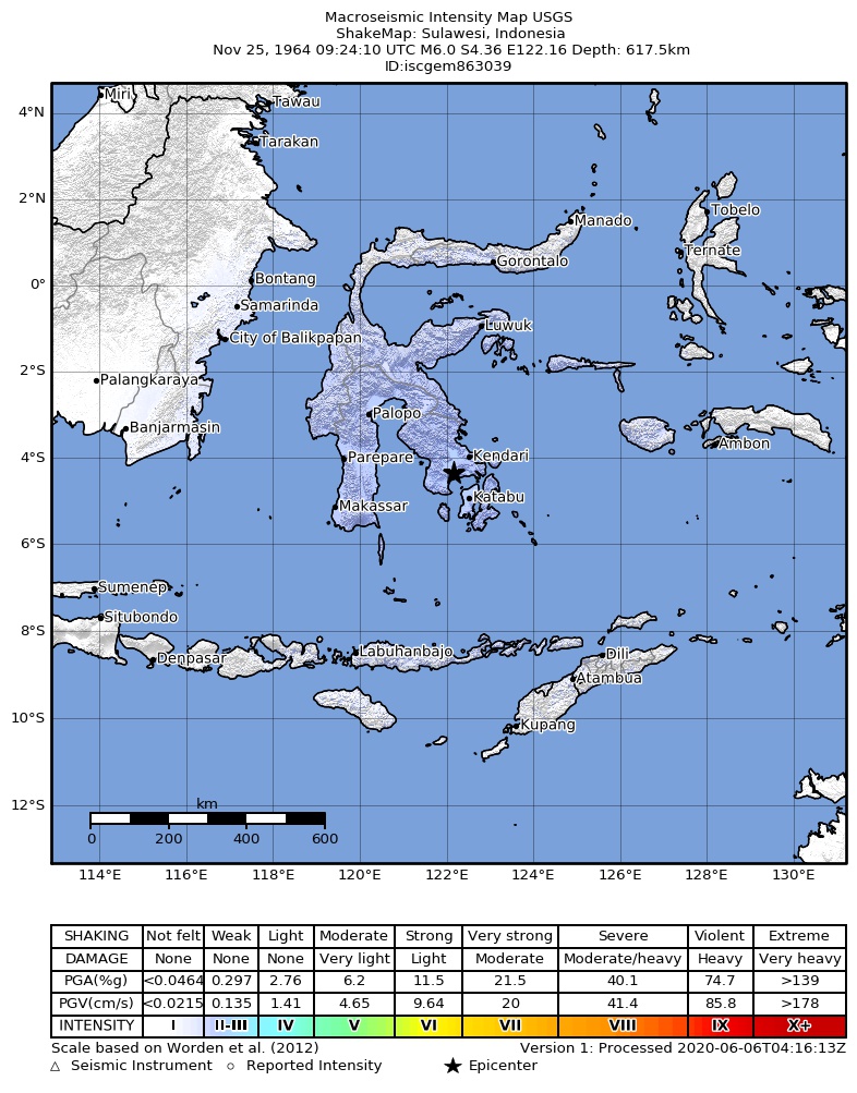 USGS ShakeMap: estimated shaking intensity around the epicenter