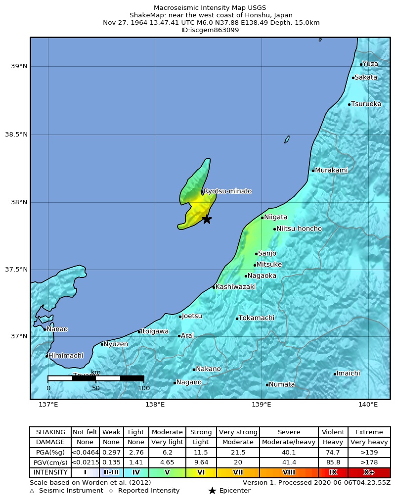 USGS ShakeMap: estimated shaking intensity around the epicenter