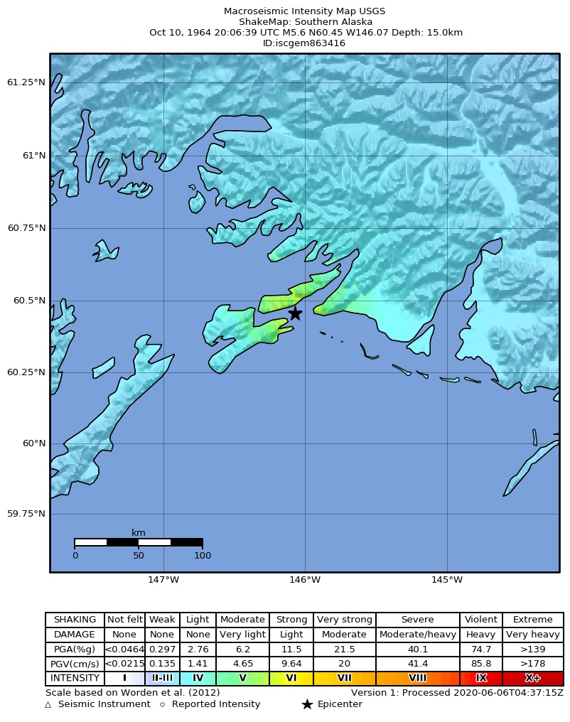 USGS ShakeMap: estimated shaking intensity around the epicenter