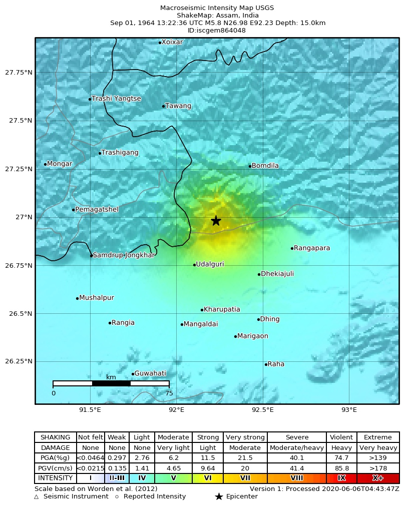 USGS ShakeMap: estimated shaking intensity around the epicenter