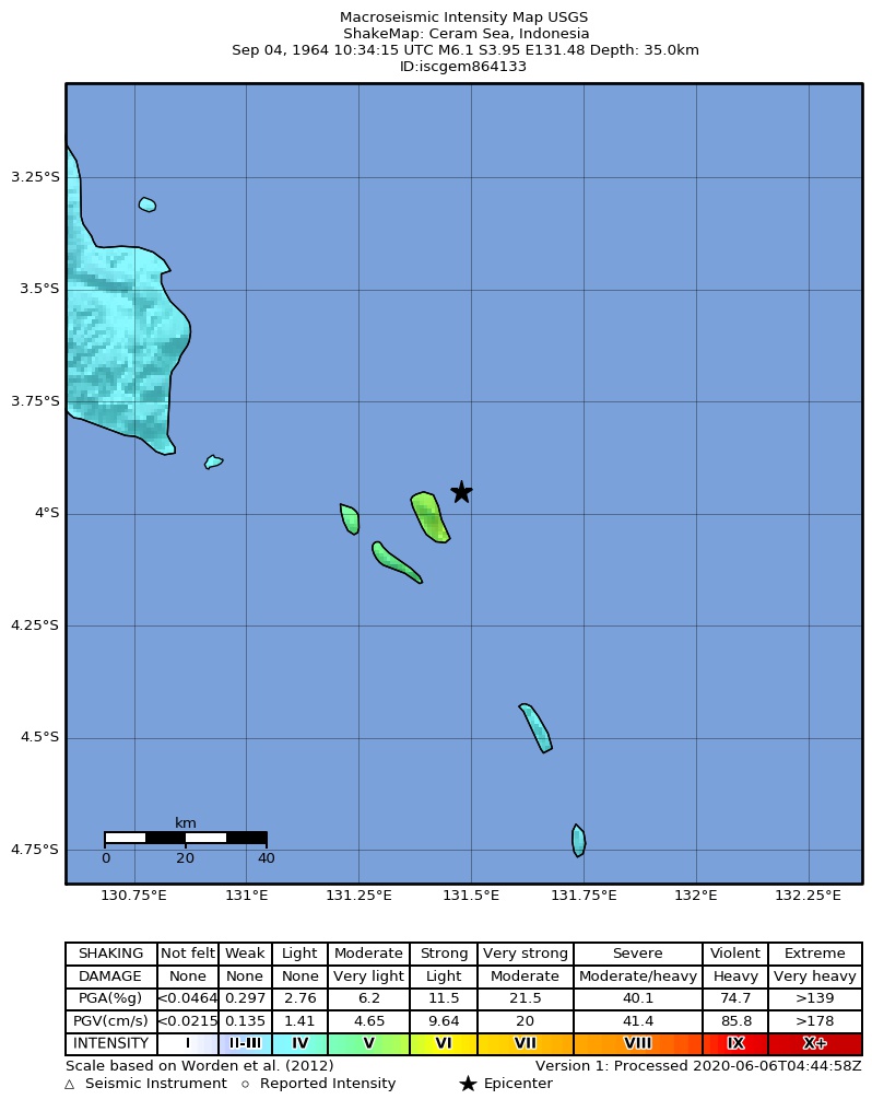USGS ShakeMap: estimated shaking intensity around the epicenter