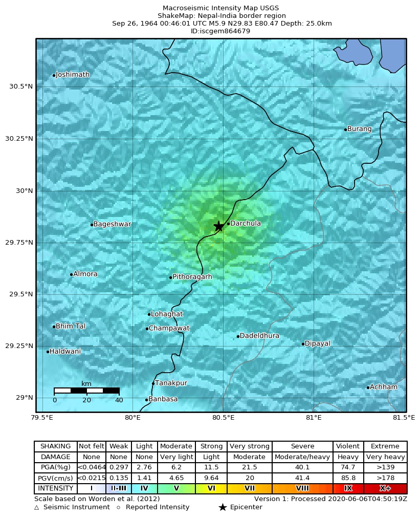 USGS ShakeMap: estimated shaking intensity around the epicenter