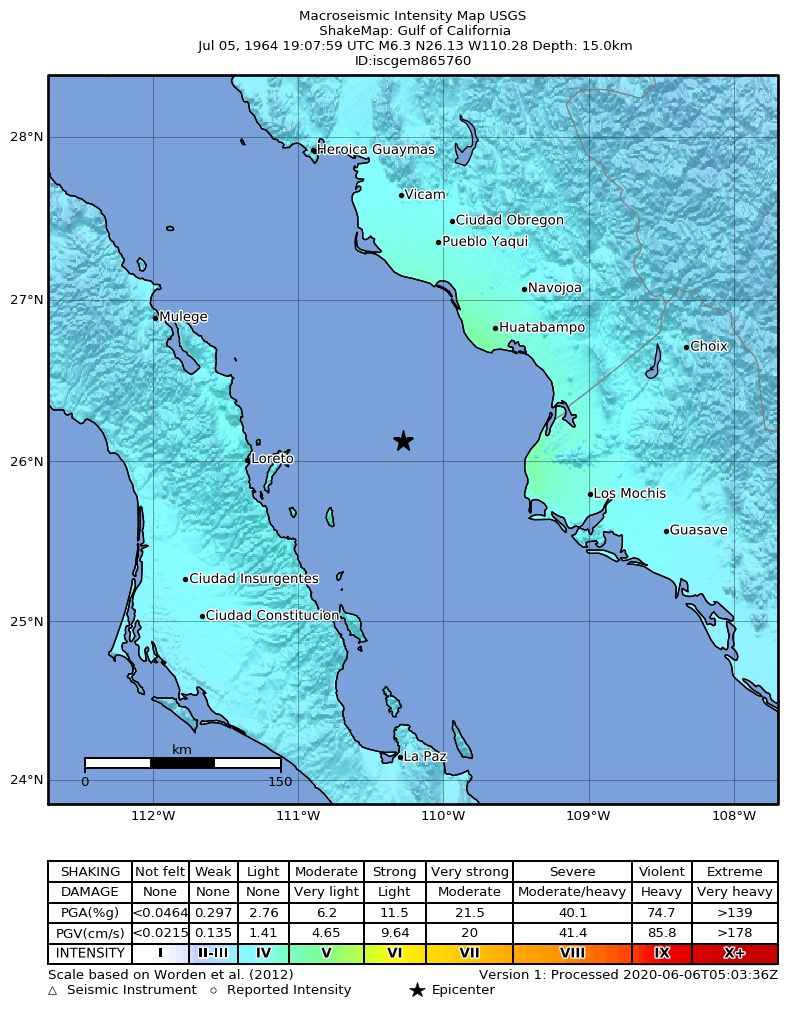 USGS ShakeMap: estimated shaking intensity around the epicenter