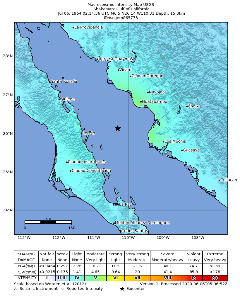USGS ShakeMap: estimated shaking intensity around the epicenter